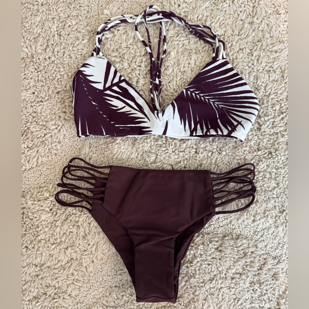 Mikoh Strappy Wine 3-pc Bikini Set (Kapalua bottom, Uluwatu top, Palm Beach top) - Picture 2 of 7